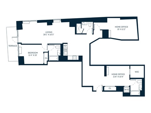 Floor plan for 1 bed, 2 baths, 1638 sqft